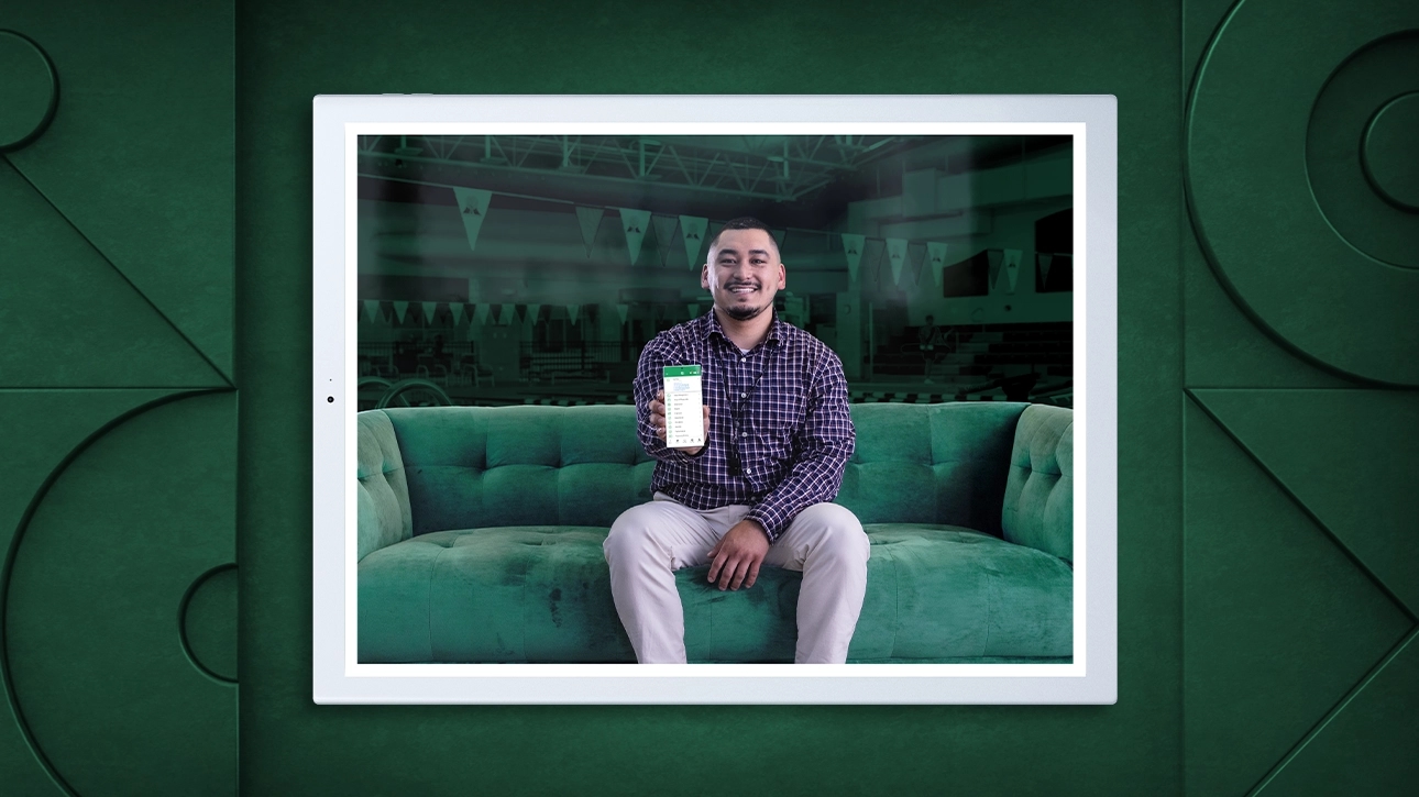 A Waukegan Parks employee proudly showing Paycom on their phone