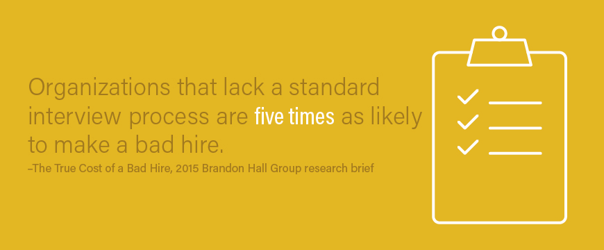 Graphic: Organizations that lack a standard interview process are 5x as likely to make a bad hire. —Brandon Hall Group