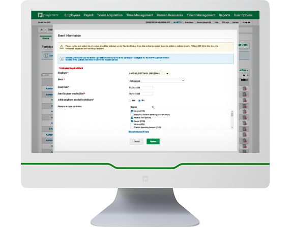 Paycom COBRA Administration software on desktop computer