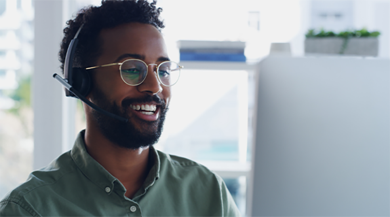 happy employee talking on headset