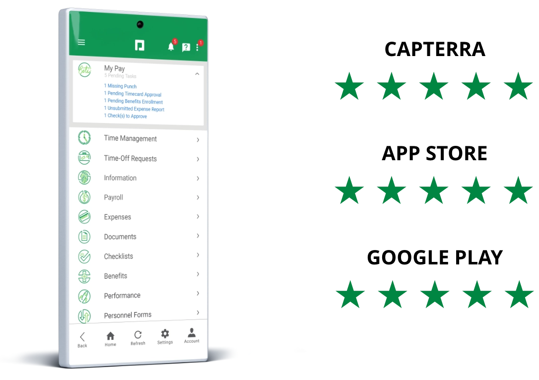 Paycom mobile app 5-star ratings according to Capterra, App Store, and Google Play