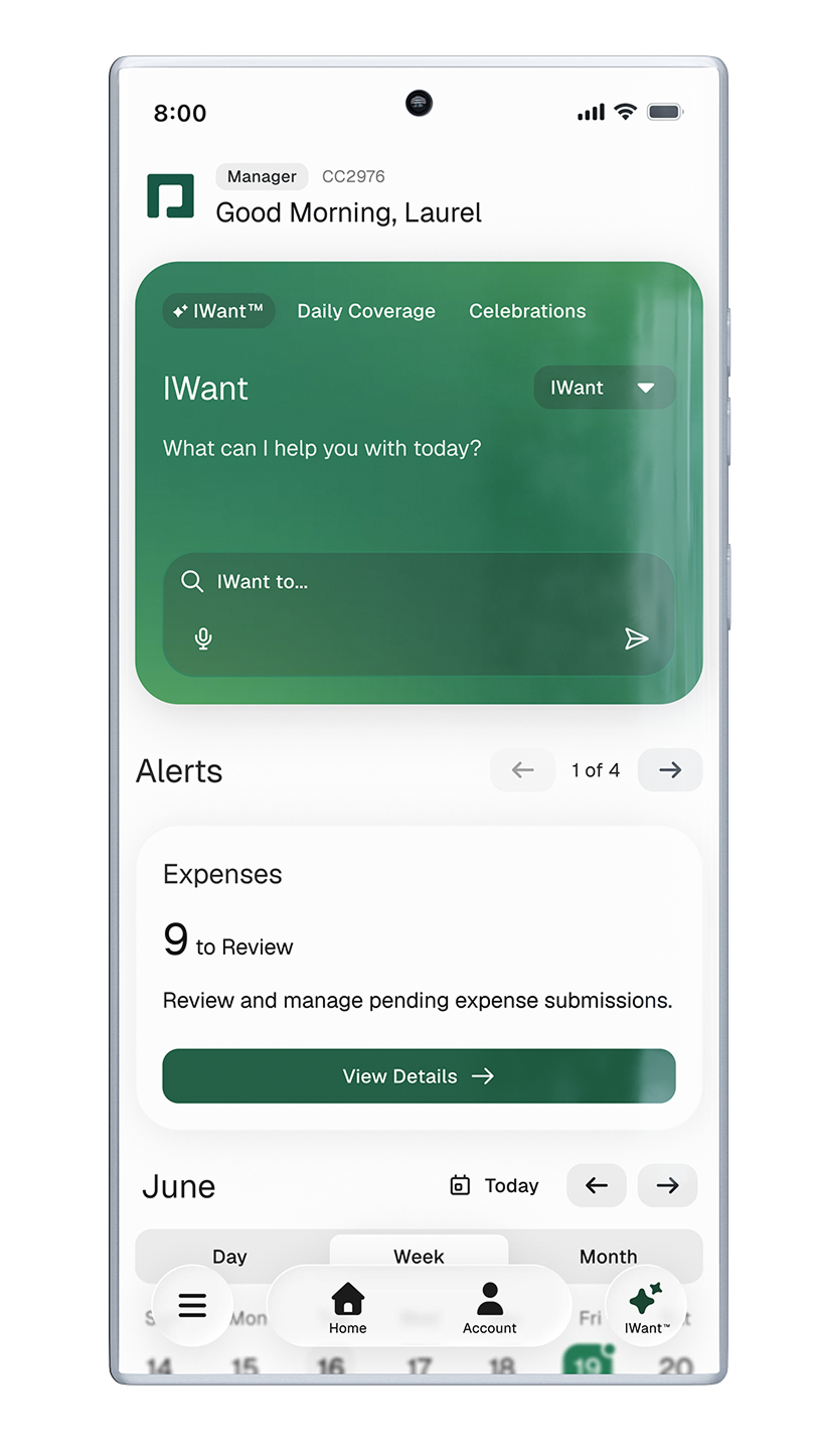Manager on the Go Screen in the Paycom App