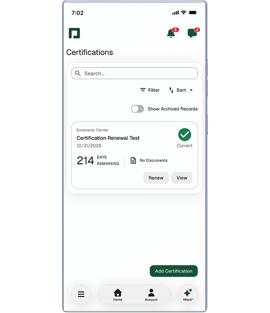 certification management screen on phone