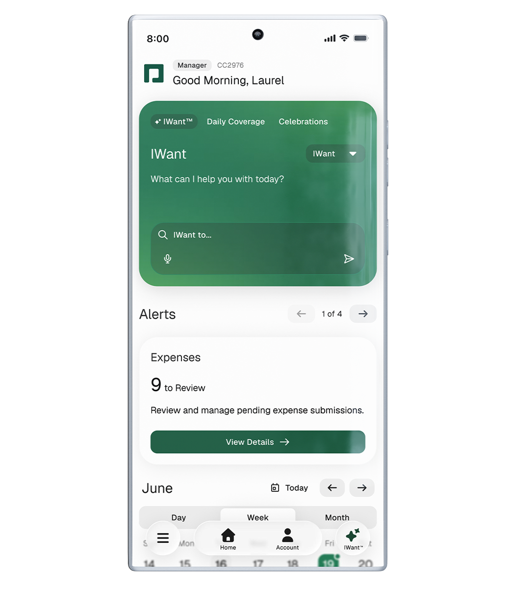 Phone screen showing manager on the go and IWant